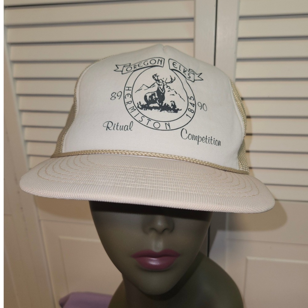 Vintage Hanes Oregon Elks Hermiston Trucker Hat 1989 1990 Ritual Cream Tan Mesh